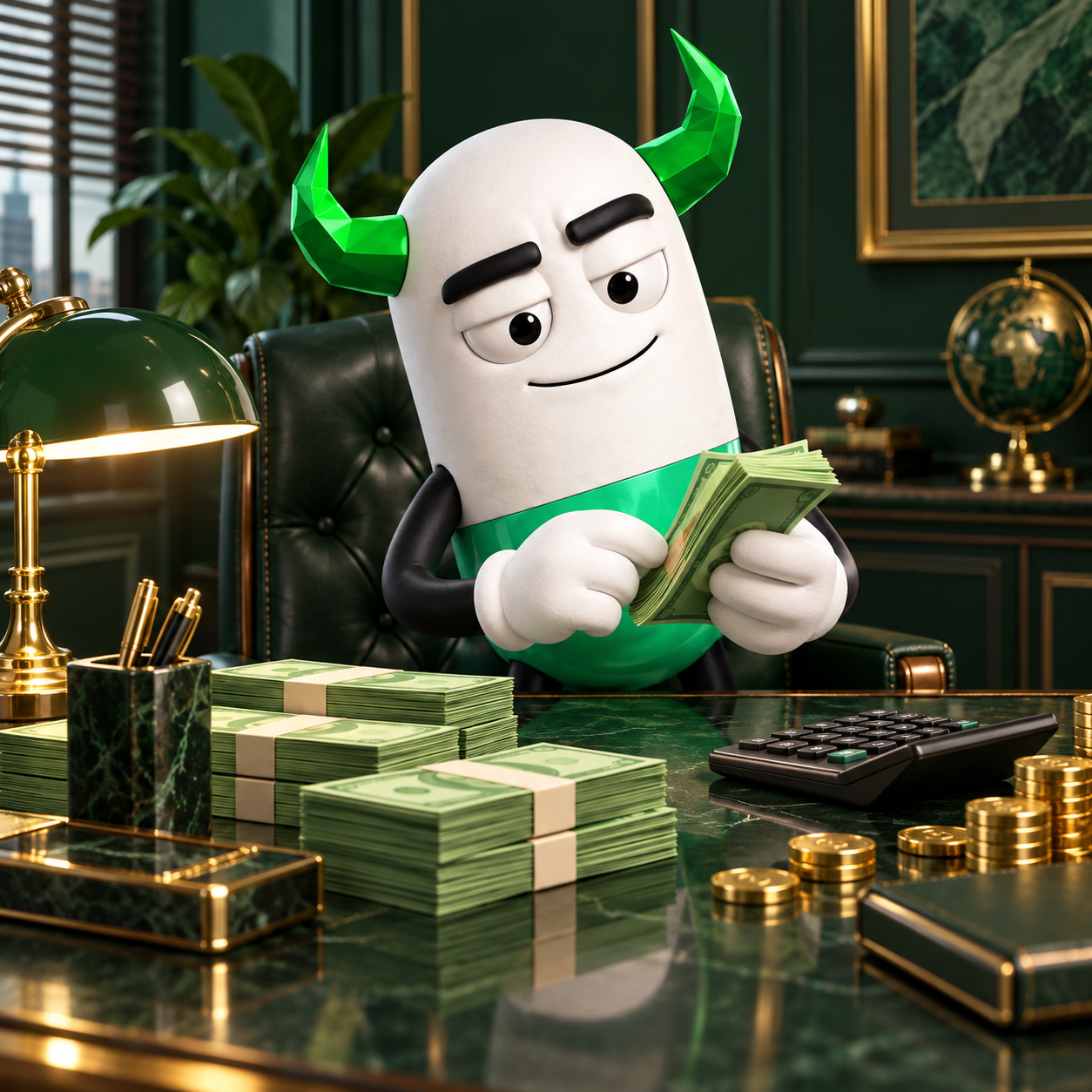 PILLSEM counting stacks of cash at a green marble desk in a luxurious office